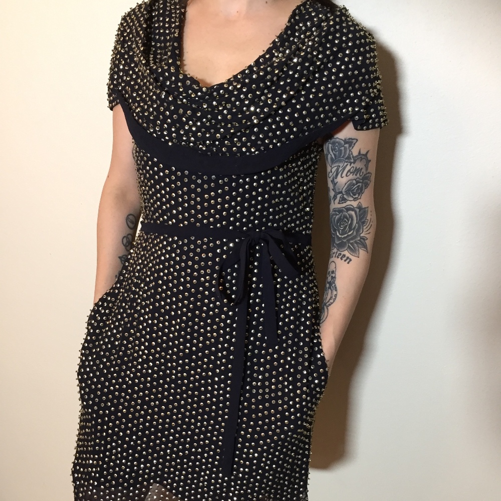 Navy Cocktail Dress with Gold Sequins & Gold Beads